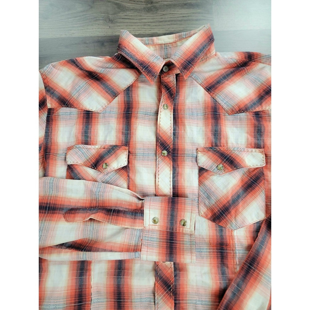Vintage Wrangler Pearl Snap Shirt Medium Orange Plaid Cowboy Rodeo Collared Mens